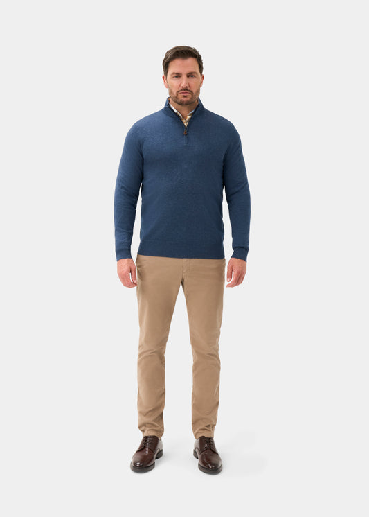 Men's Cotton Merino Quarter Zip Neck Jumper in Denim