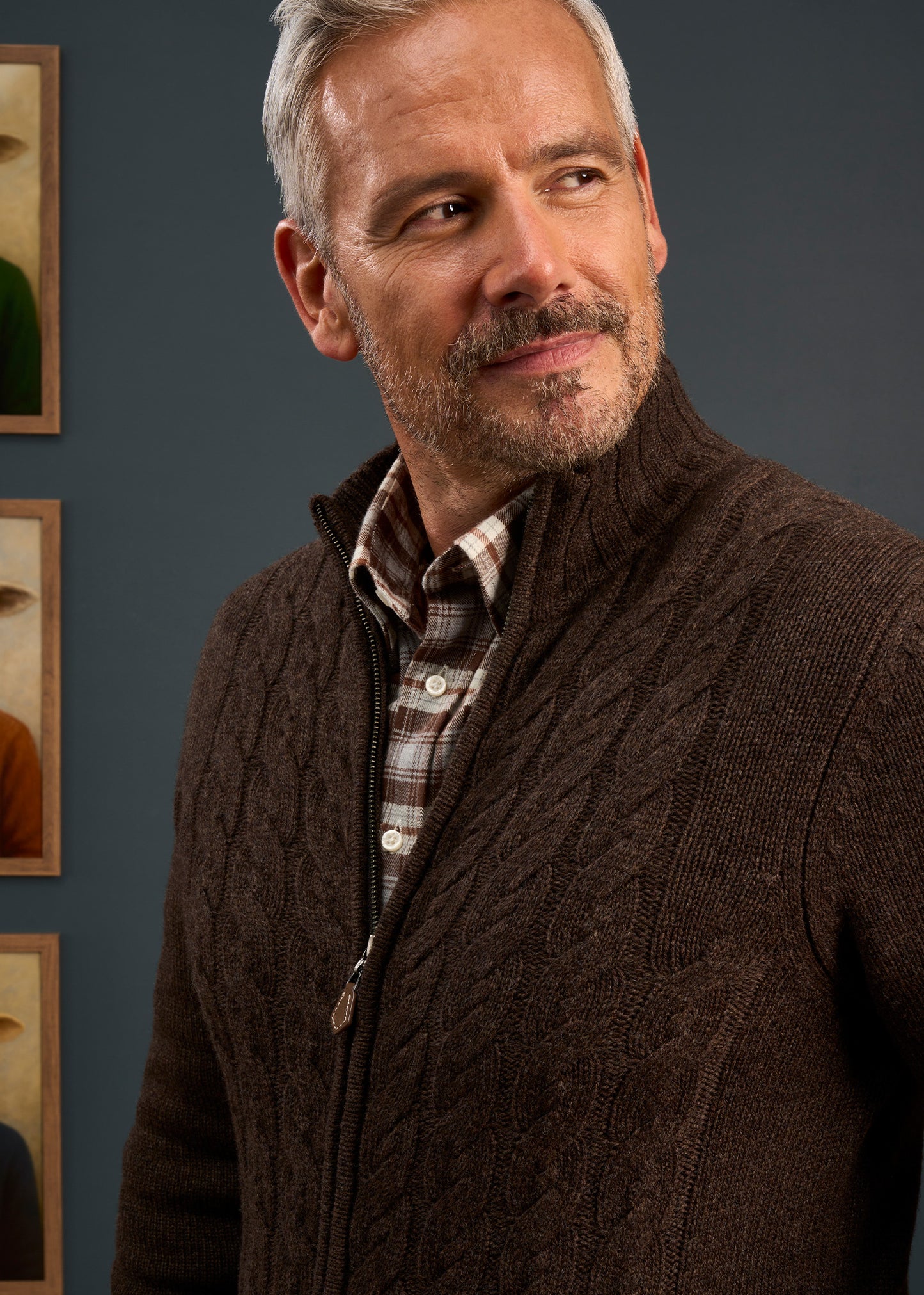 Mens-Lambswool-Cable-Front-Zip-Mock-Neck-Jumper-Brown