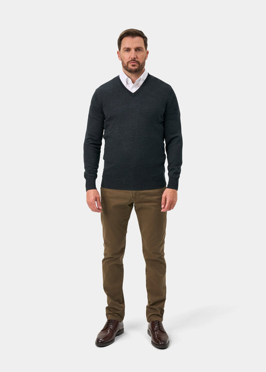 Millbreck Merino Wool V-Neck Jumper In Charcoal - Regular Fit