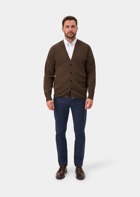 Cornwall Lambswool Vee Neck Cardigan In Tobacco - Classic Fit
