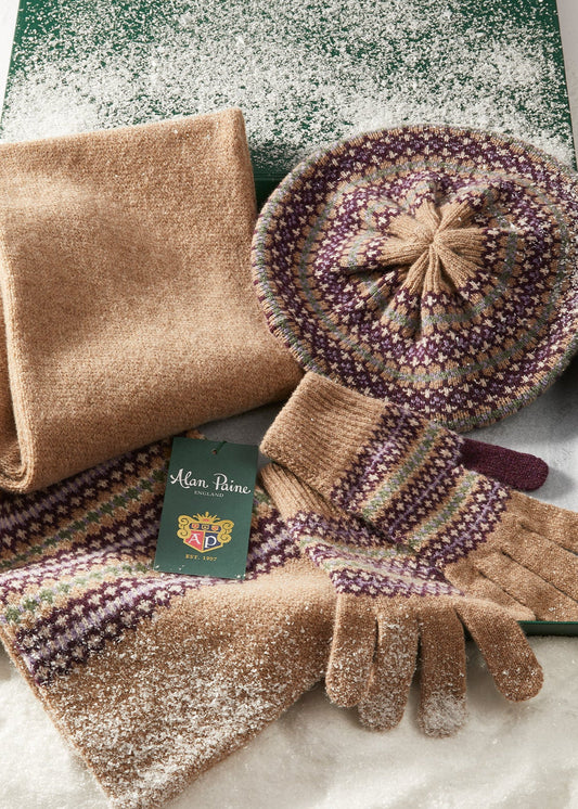 Conjunto Imogen de Boina, Guantes y Bufanda de Lana Tejida para Mujer en Color Pecán
