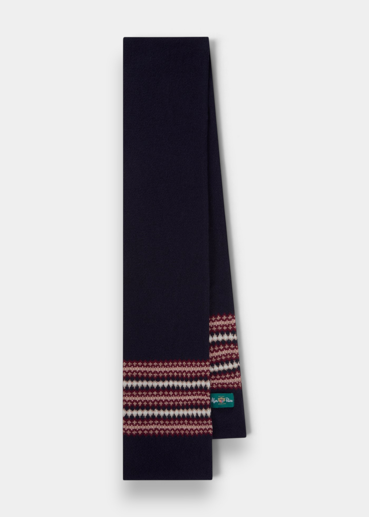 Imogen Ladies Knitted Wool Scarf in navy, features red and white patterned stripes near one end; shown on white background.