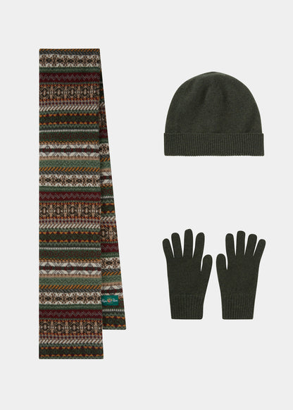 Conjunto de gorro, bufanda y guantes de lana de punto para hombre Tideswell en color alga marina.
