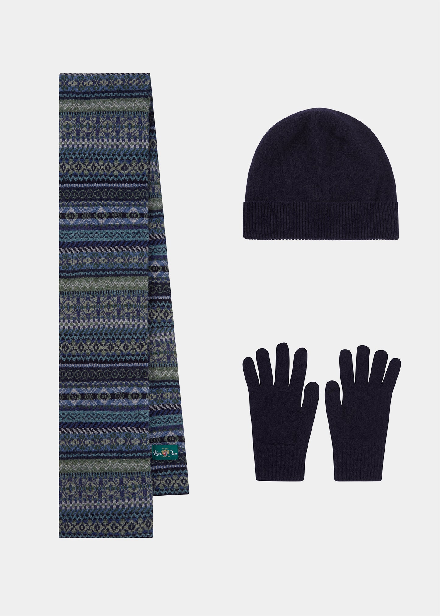Conjunto de gorro, bufanda y guantes de lana para hombre Tideswell en azul marino.
