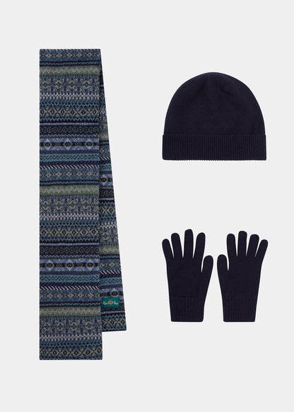 Conjunto de gorro, bufanda y guantes de lana para hombre Tideswell en azul marino.
