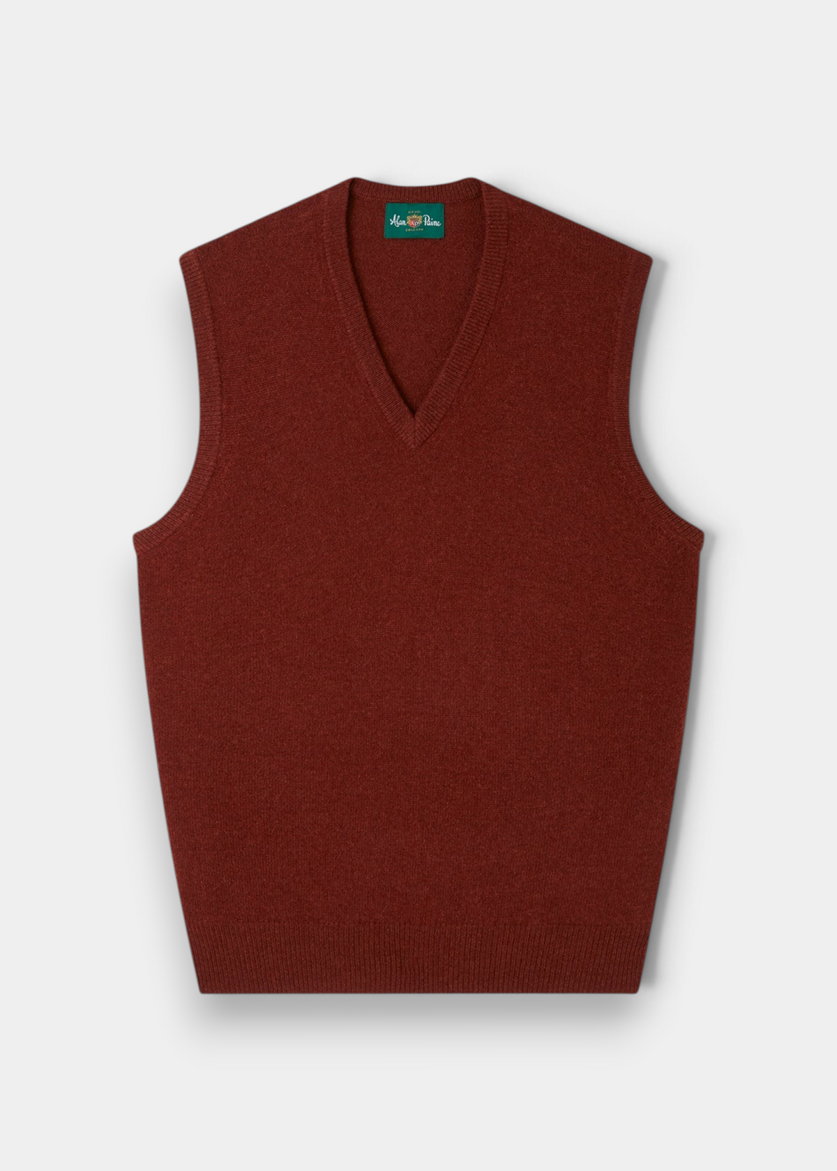 Norfolk Lambswool V-Neck Slipover In Sienna, a rust-colored V-neck lambswool slipover.