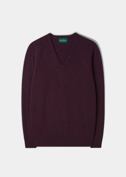 Men's Lambswool Vee Neck Jumper in Black Grape