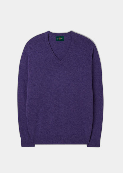 Men's Lambswool Vee Neck Jumper in Plum