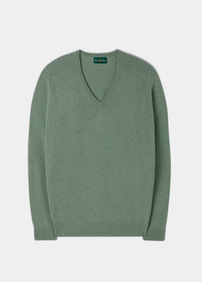 Jersey de cuello en V de lana de cordero para hombre en menta verde - Corte clásico

