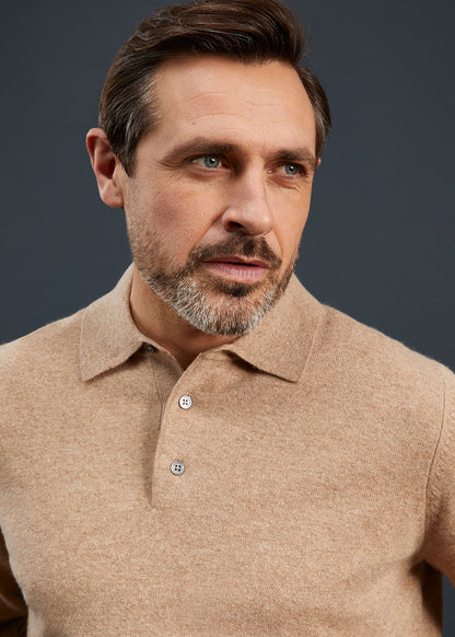 Men's Geelong Lambswool Long Sleeve Polo Shirt in Beige