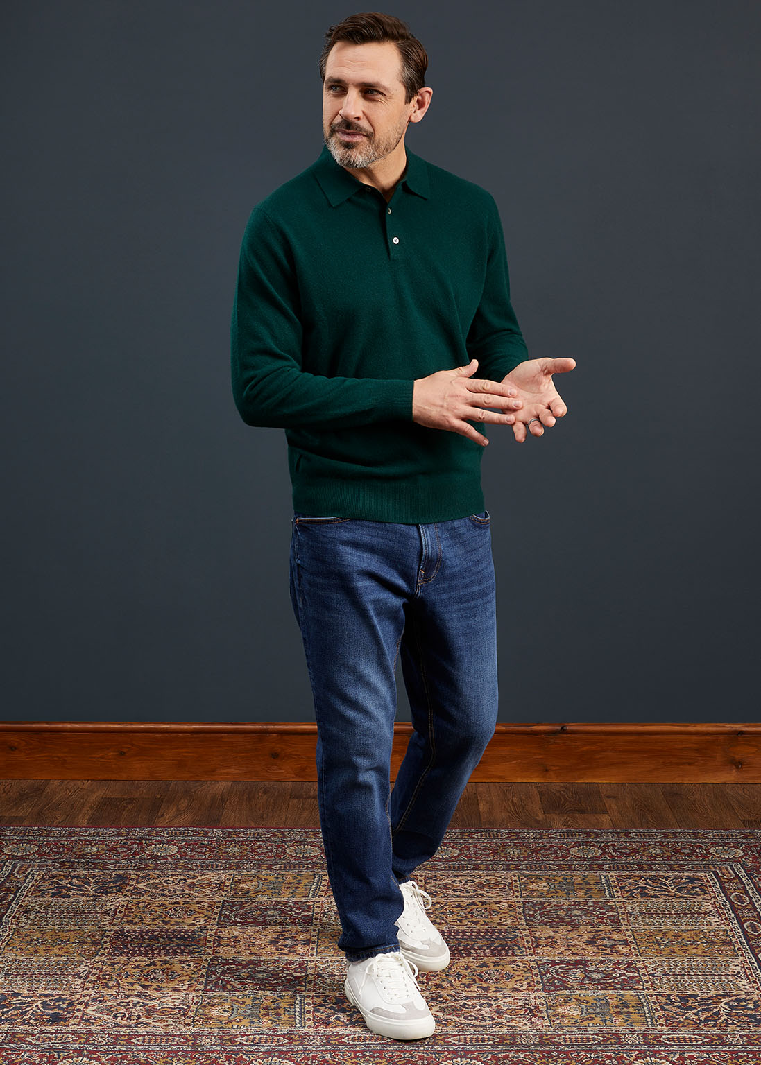 Men's Geelong Lambswool Long Sleeve Polo Shirt in Dark Olive