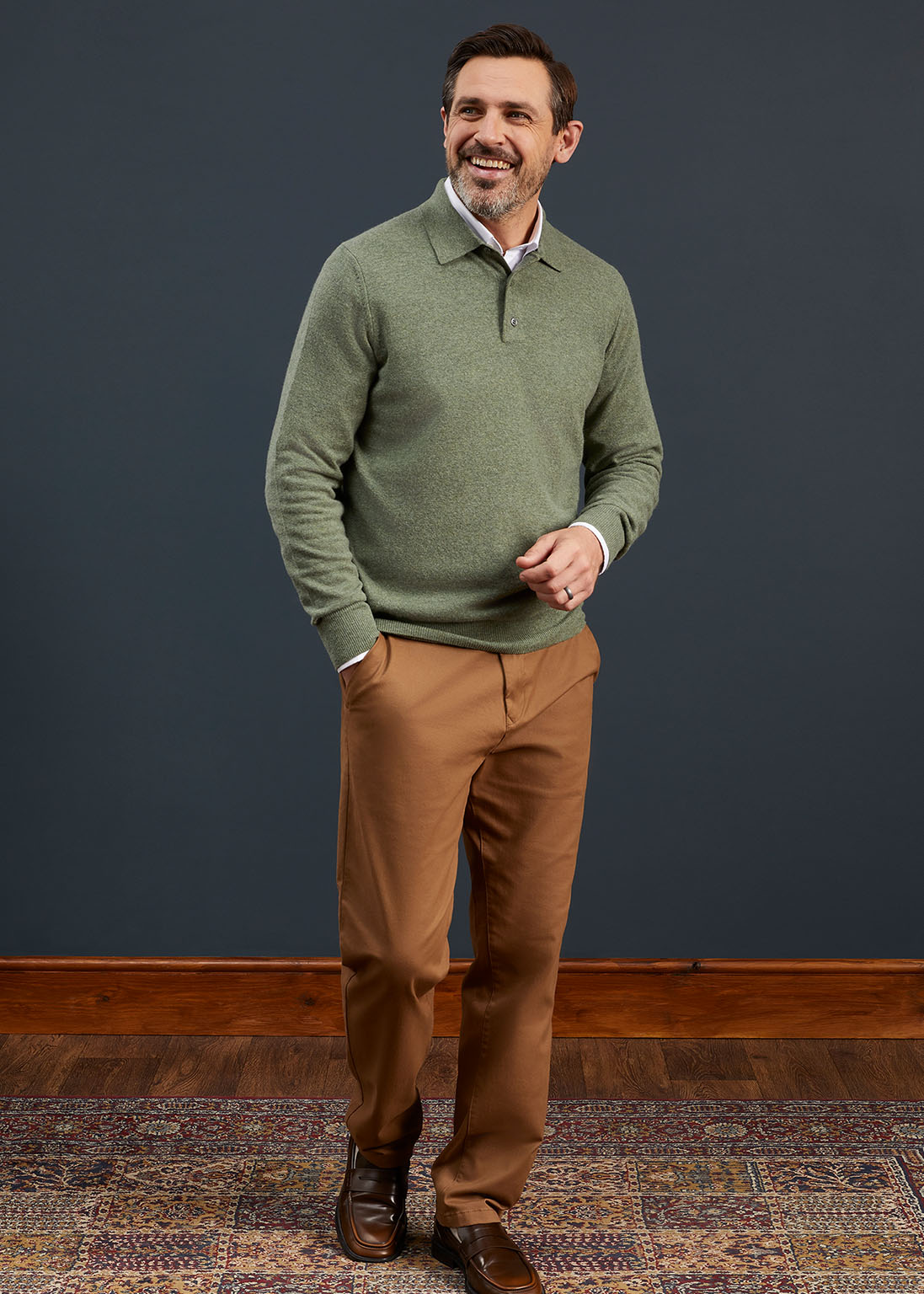 Men's Geelong Lambswool Long Sleeve Polo Shirt in Grass