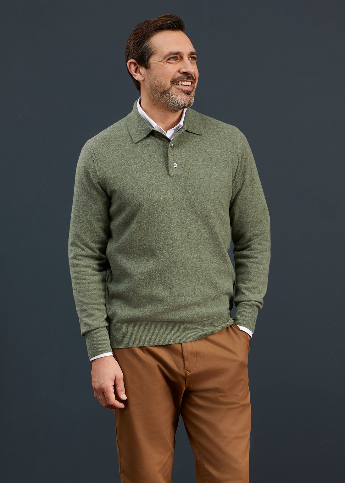 Men's Geelong Lambswool Long Sleeve Polo Shirt in Grass