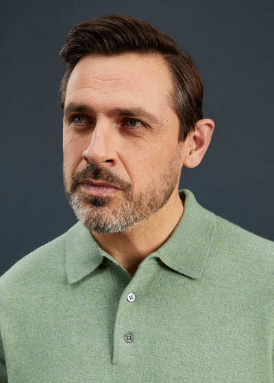 Men's Geelong Lambswool Long Sleeve Polo Shirt in Sage