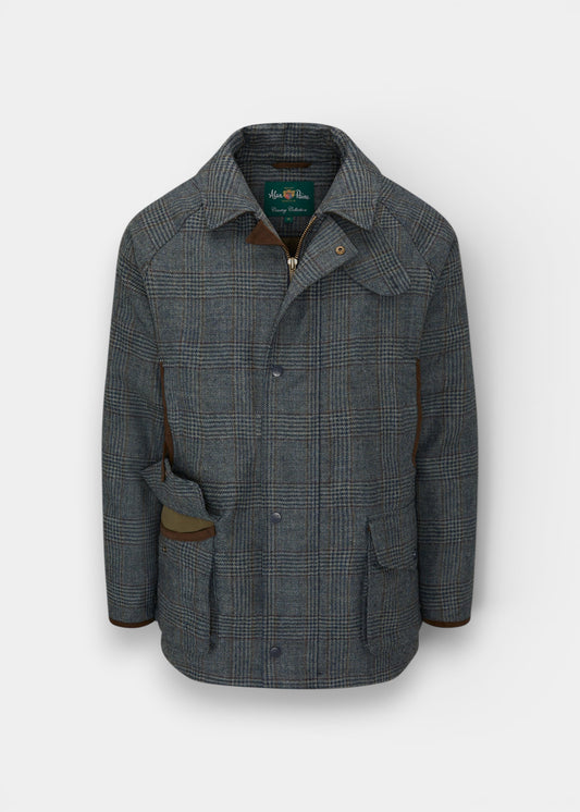 Surrey Men's Tweed Waterproof Coat in Blue Check  -  Shooting Fit