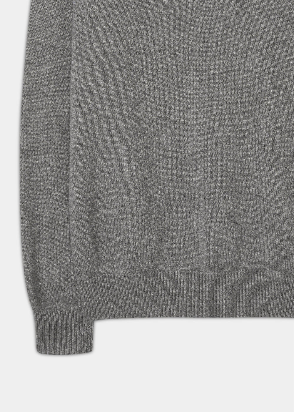 Selkirk Pure Cashmere V-Neck Jumper In Derby, a grey v-neck sweater with a ribbed hem and cuff.