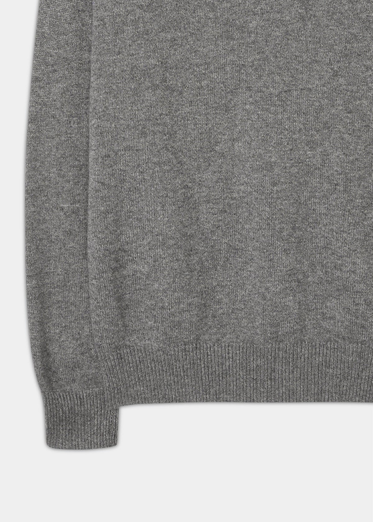 Selkirk Pure Cashmere V-Neck Jumper In Derby, a grey v-neck sweater with a ribbed hem and cuff.