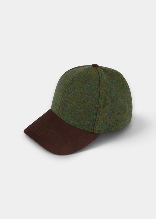 Combrook Men’s Tweed Baseball Cap in Mariner, green with brown brim and button, shown on white background.