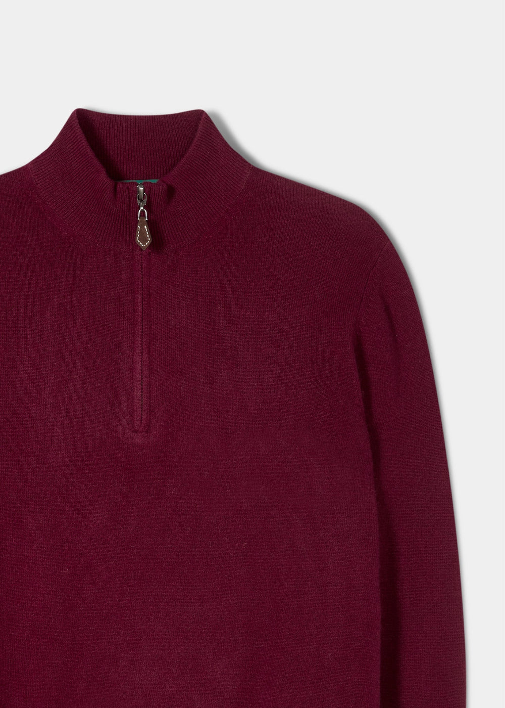 Cairns Geelong Wool Quarter Zip Jumper in Claret, regular fit, with ribbed collar on a light gray background.