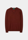 Hampshire Lambswool Vee Neck Jumper in Sienna, classic fit, saddle shoulder, laid flat on white background.