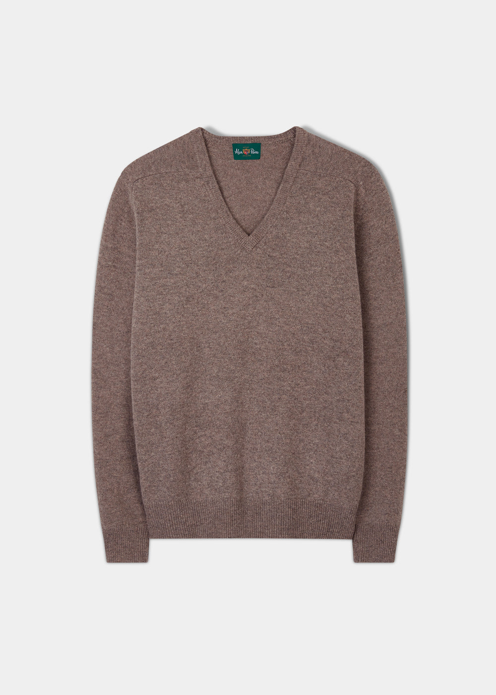 Hampshire Lambswool Vee Neck Jumper in Vole, classic fit, long sleeves, shown flat on a plain white background.