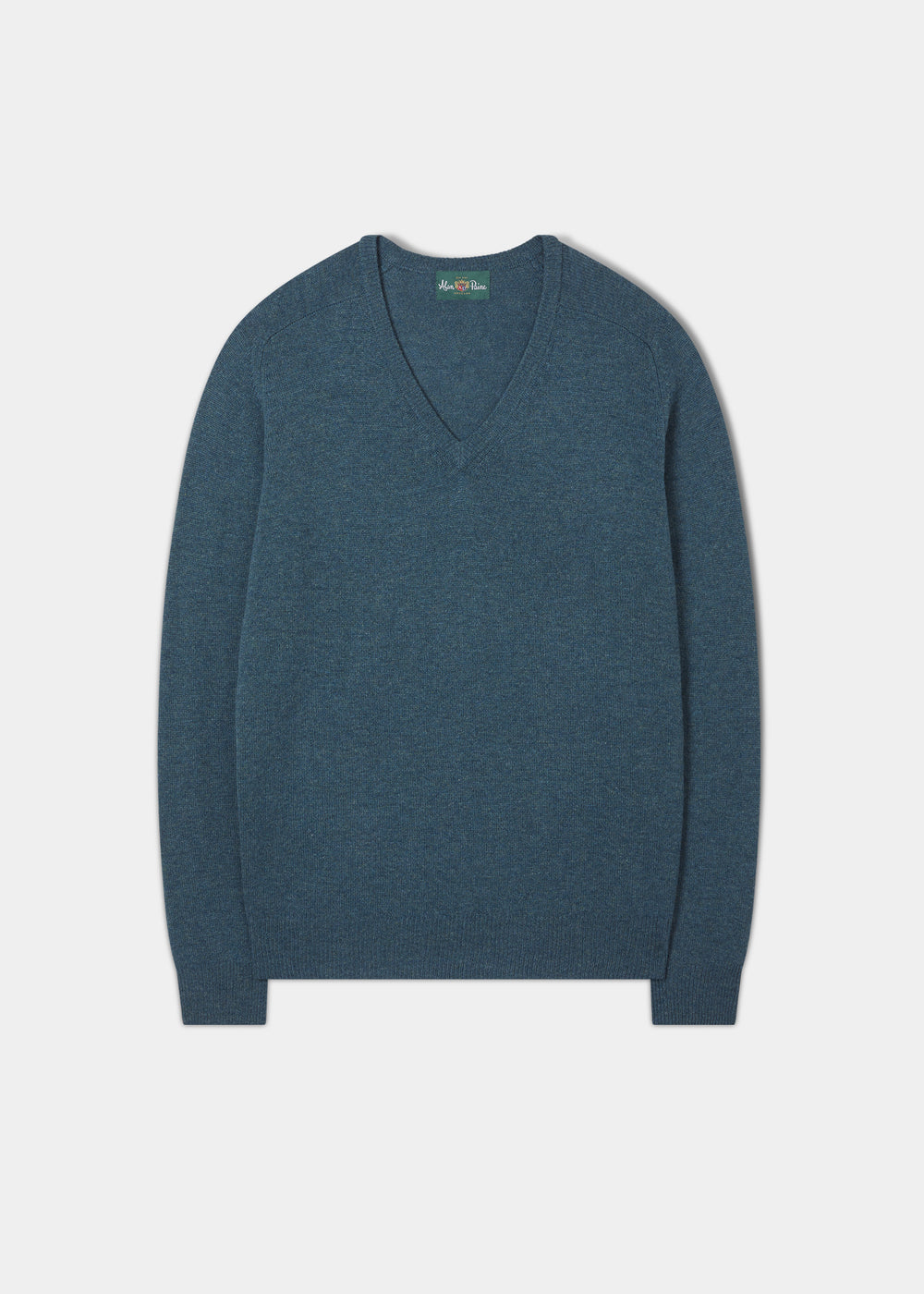Hampshire Lambswool Vee Neck Jumper in Hunter, classic fit, long sleeves, shown laid flat on white background.