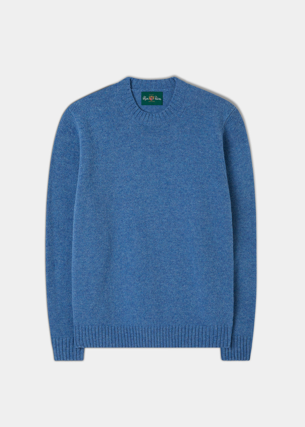 Kinnadie Supersoft Shetland Wool Crew Neck Jumper in Cornflower, regular fit, with ribbed cuffs and hem.