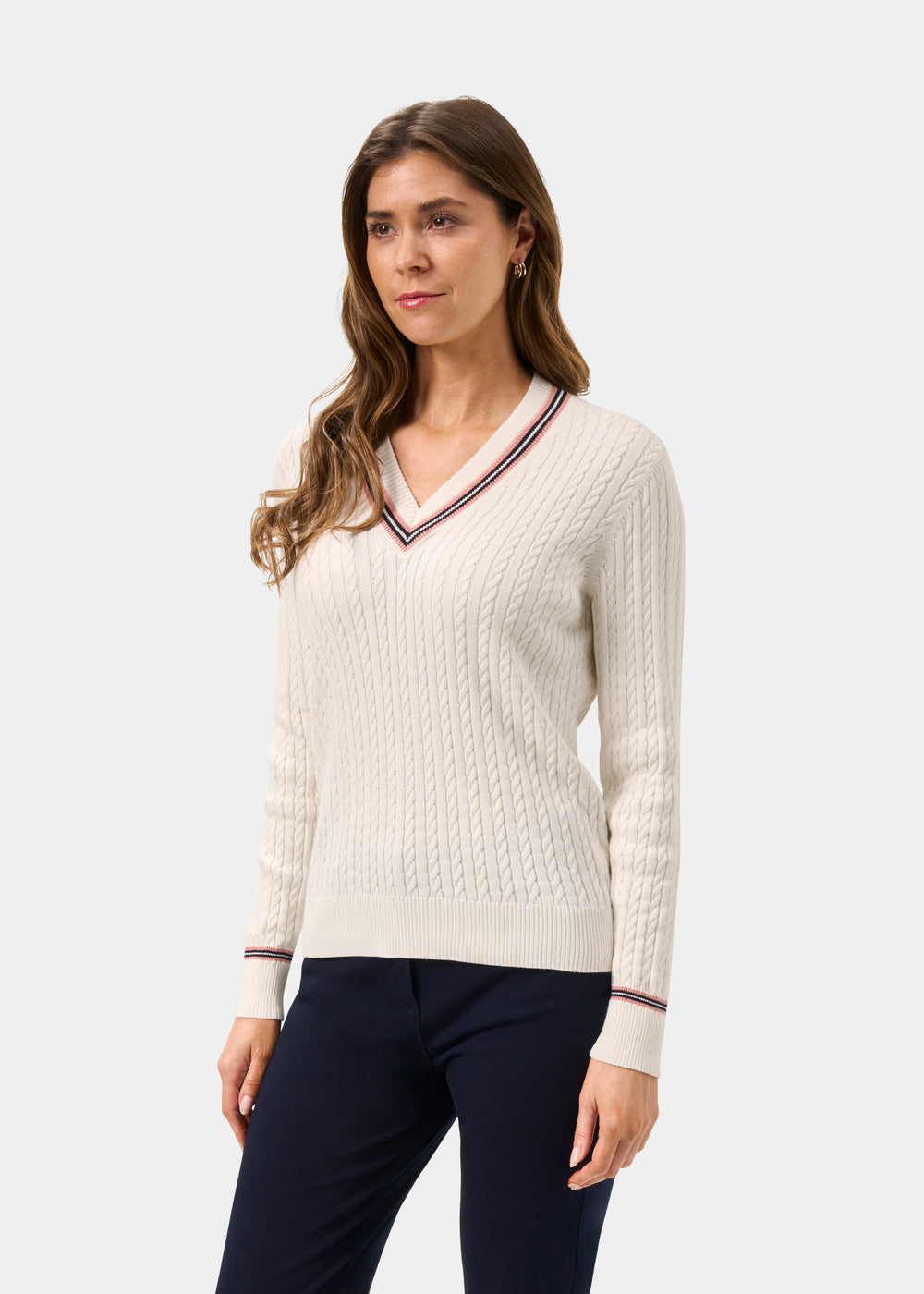 Ladies Cotton Cable Knit Cricket Jumper in White
