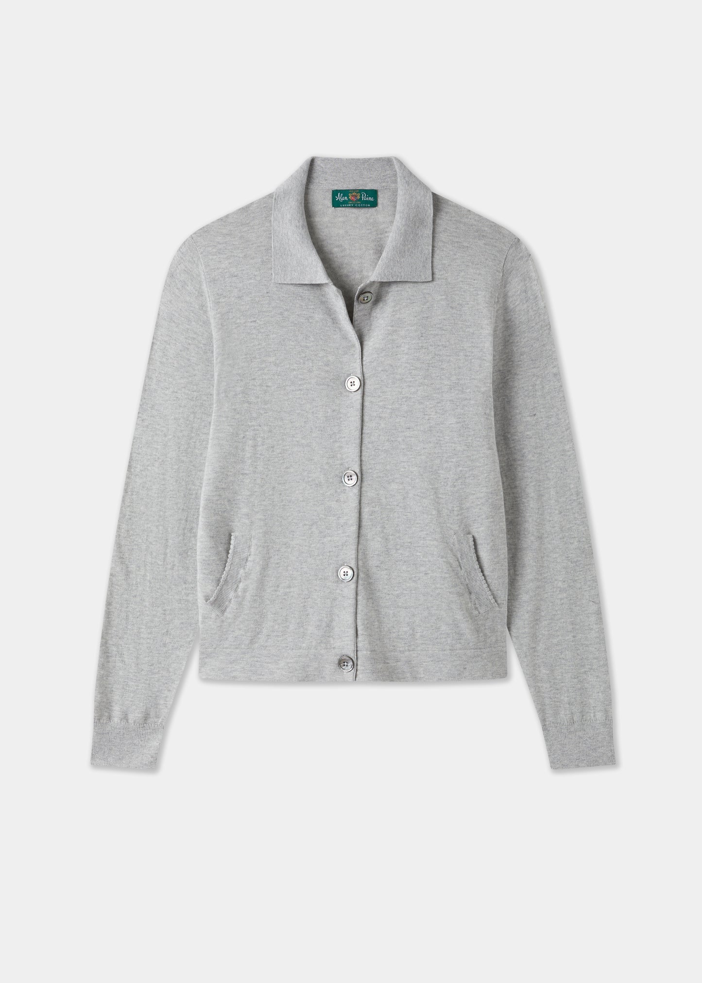 Ladies Cotton Cashmere Collared Cardigan in Light Grey