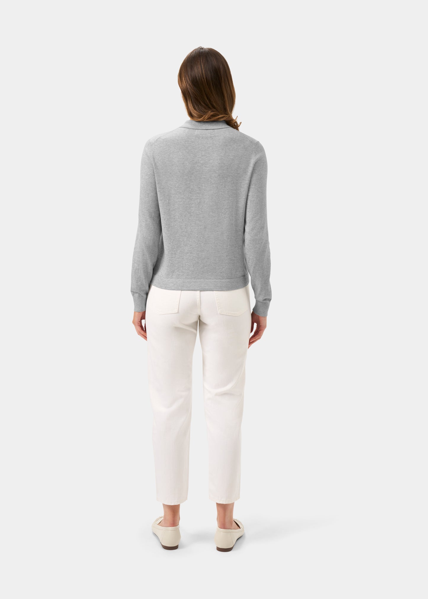 Ladies Cotton Cashmere Collared Cardigan in Light Grey