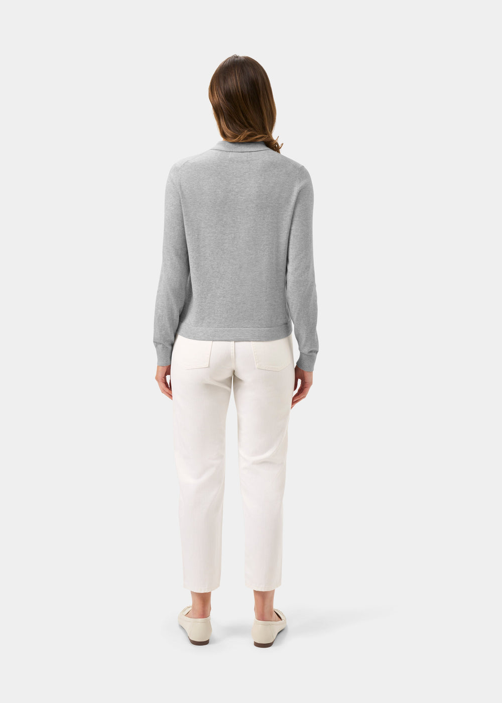 Ladies Cotton Cashmere Collared Cardigan in Light Grey