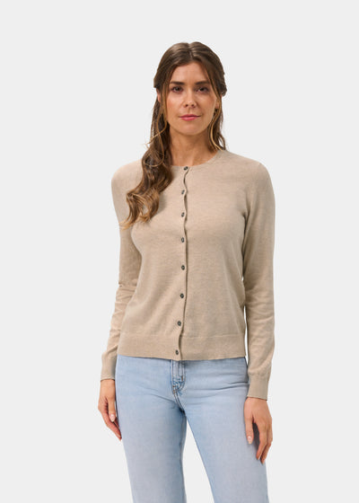 Ladies Cotton Cashmere Crew Neck Cardigan in Beige