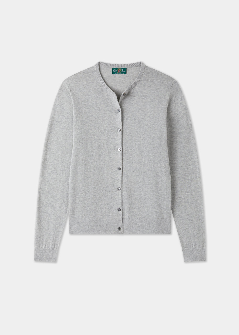 Ladies Cotton Cashmere Crew Neck Cardigan in Light Grey