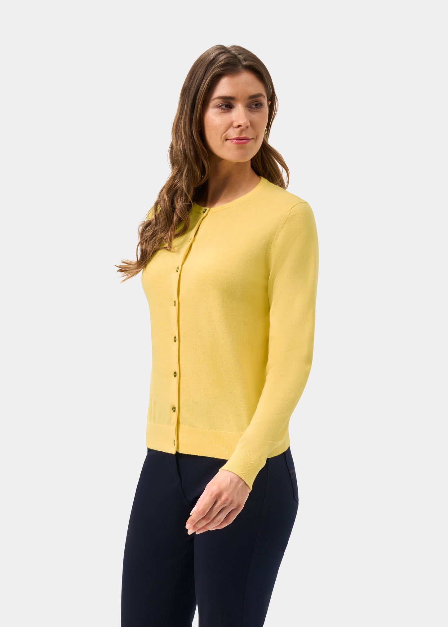 Ladies Cotton Cashmere Crew Neck Cardigan in Yellow