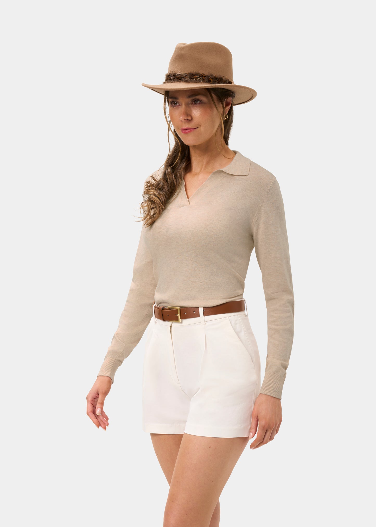 Ladies Cotton Cashmere Open Placket Jumper in Beige