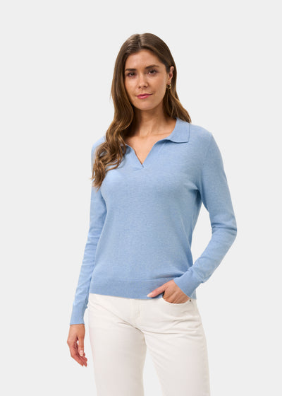 Ladies Cotton Cashmere Open Placket Jumper in Light Blue