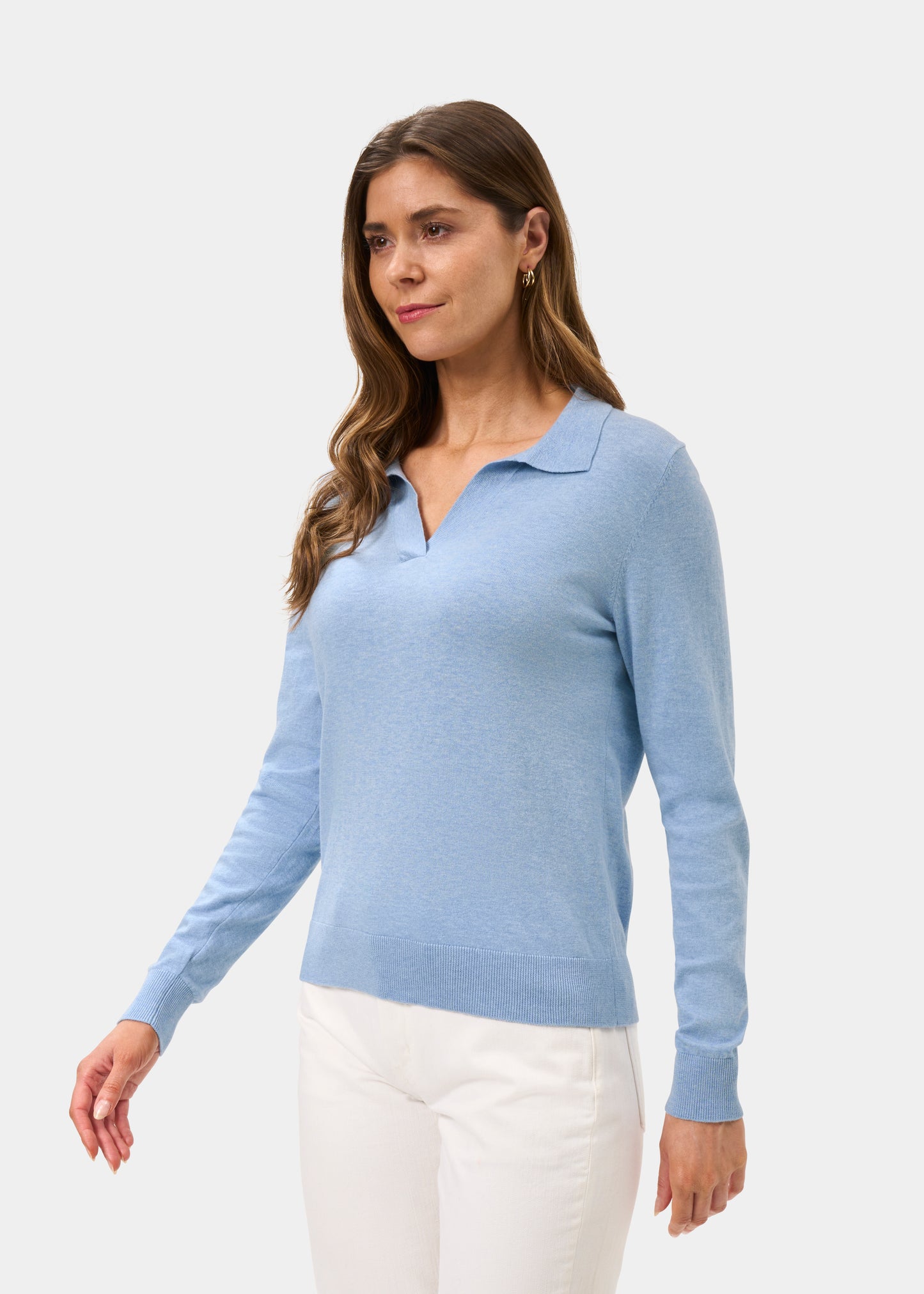 Ladies Cotton Cashmere Open Placket Jumper in Light Blue