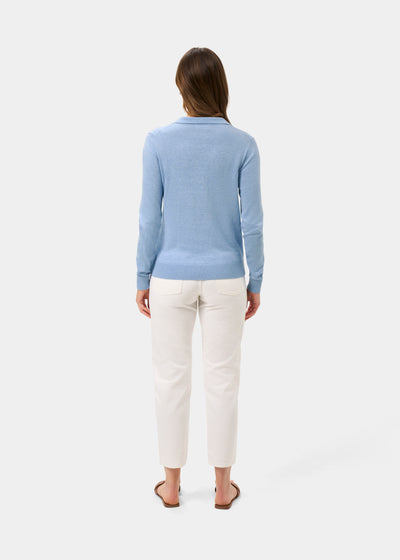 Ladies Cotton Cashmere Open Placket Jumper in Light Blue
