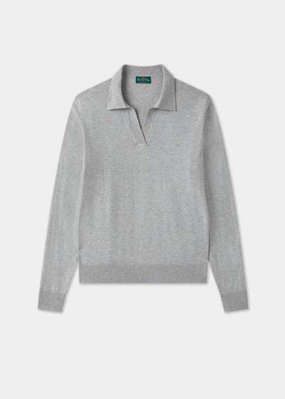 Ladies Cotton Cashmere Open Placket Jumper in Light Grey