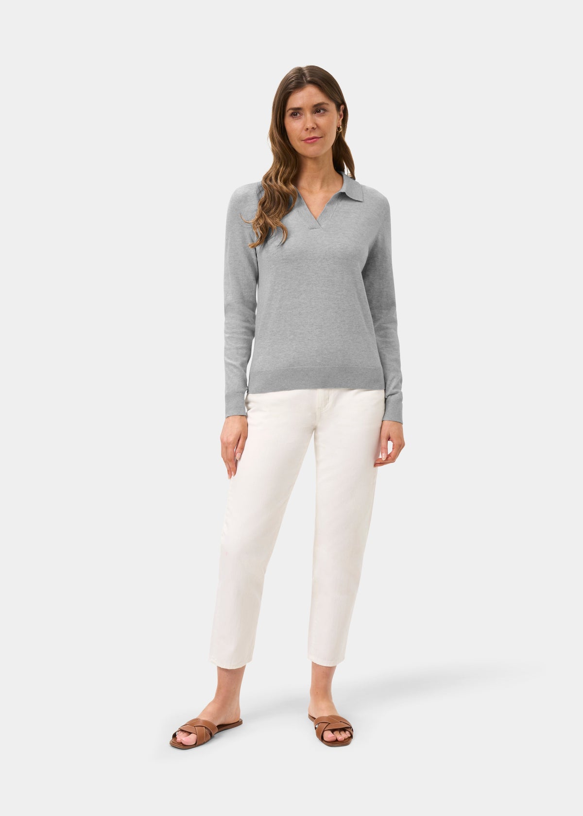 Ladies Cotton Cashmere Open Placket Jumper in Light Grey