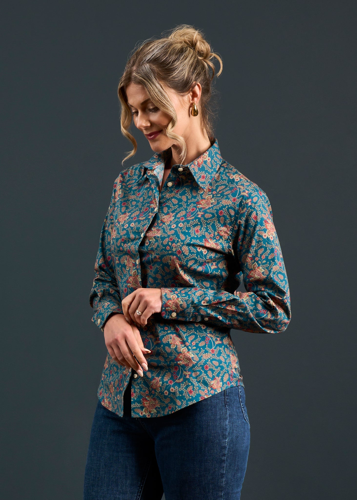 Lawen Ladies Printed Cotton Shirt - Blue Floral Design