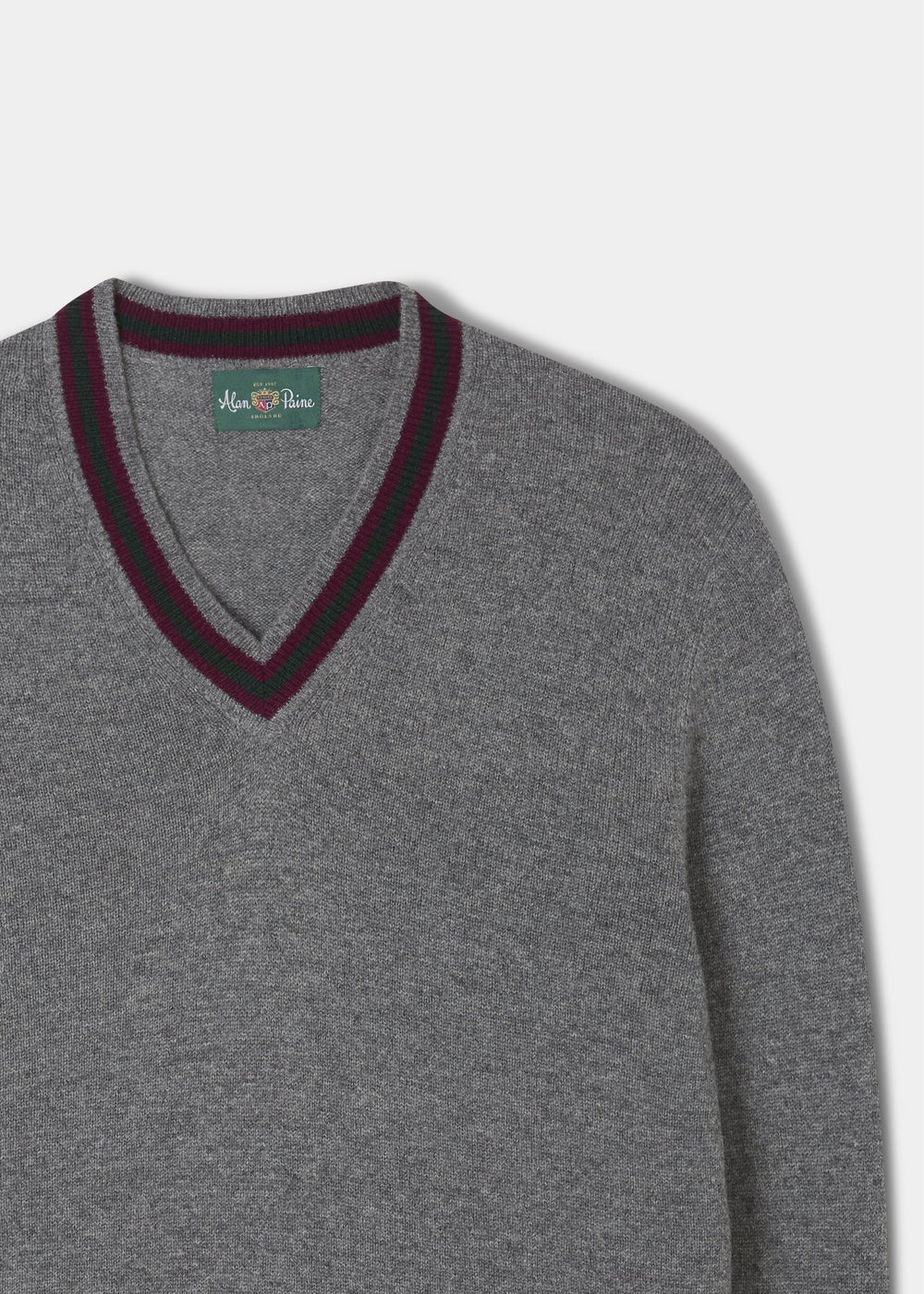Limited Edition Commemorative Lambswool Sweater in Grey Mix with green and purple heritage trim, V-neck style.
