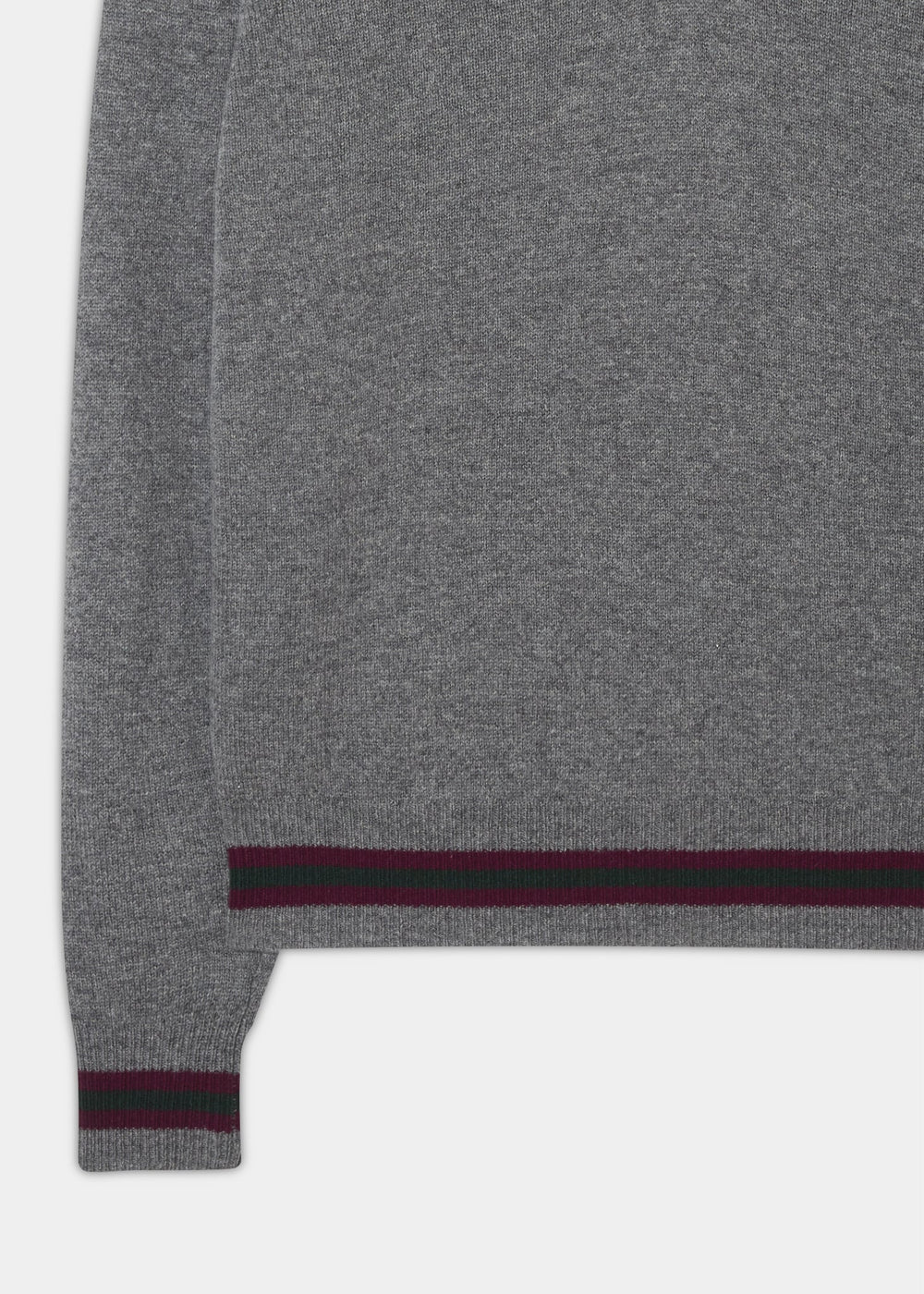 Limited Edition Commemorative Lambswool Sweater in grey mix with green and red trim at cuff and hem, side view shown.
