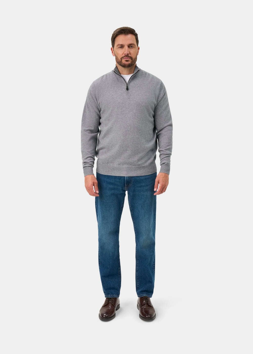Hanbury Cashmere Zipped Mock Neck Jumper in Light Grey Mix - Regular Fit