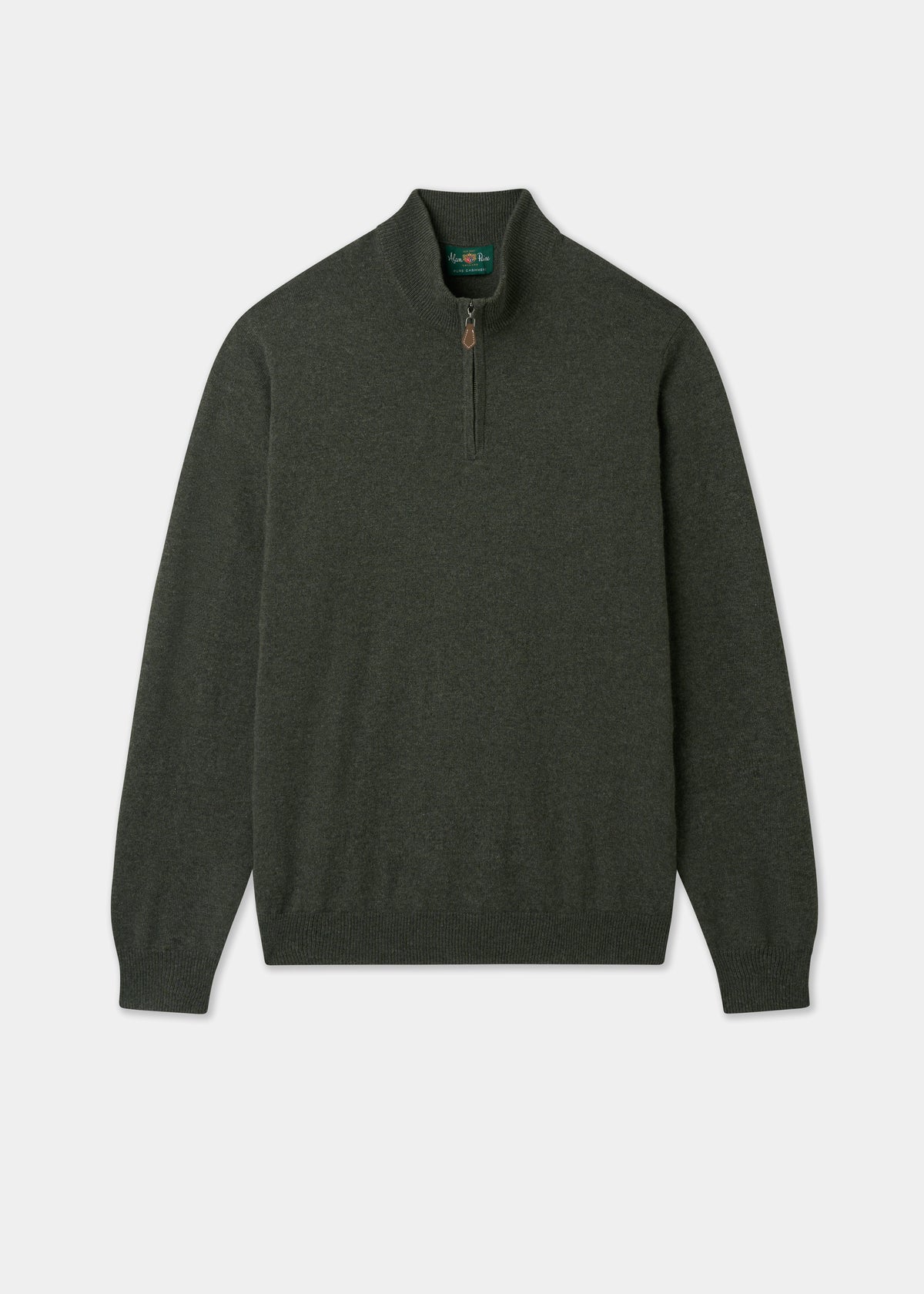 Hanbury Pure Cashmere Quarter Zip Jumper in Rosemary, regular fit, 100% cashmere, ribbed cuffs and hem.
