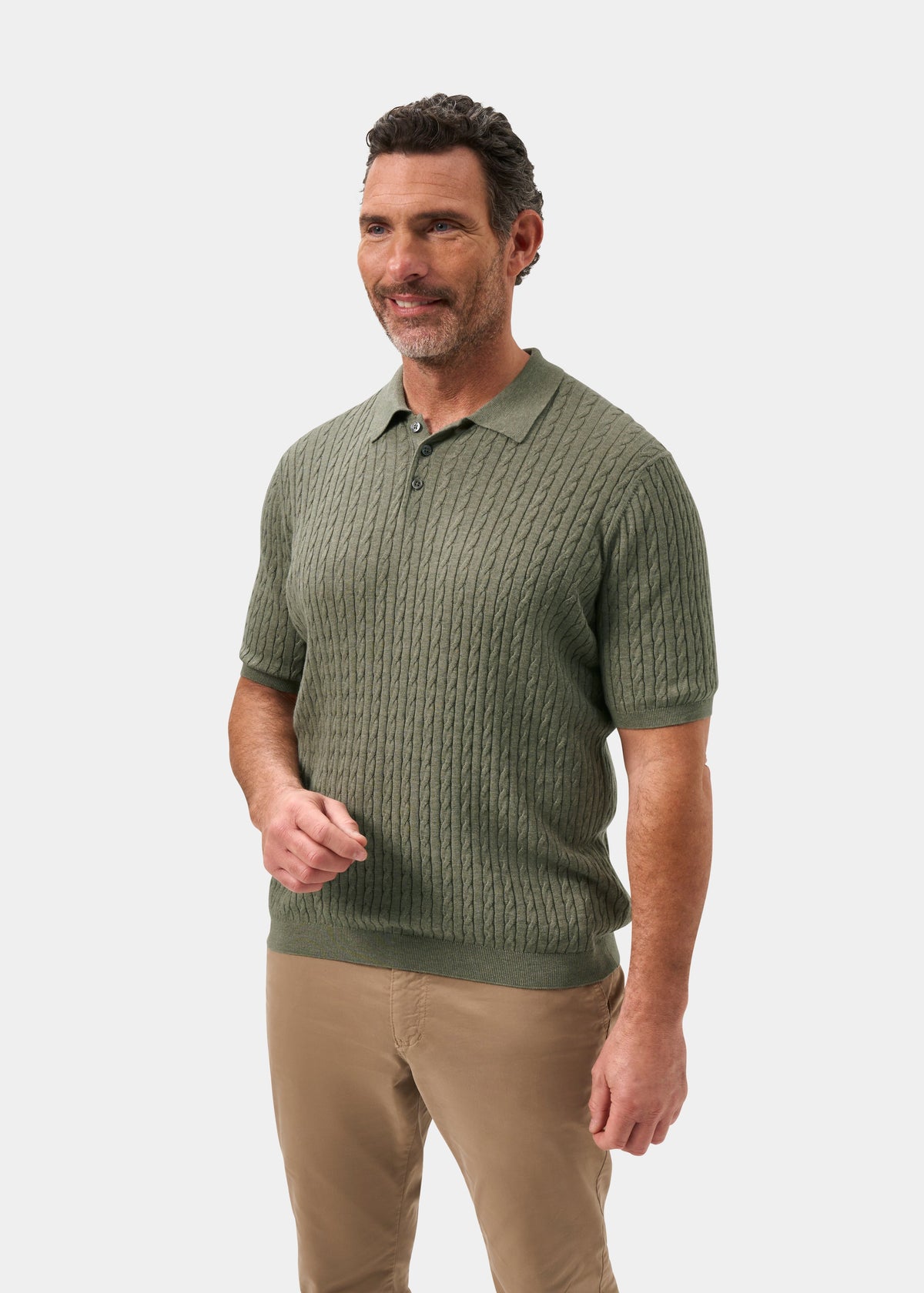 Men's Cotton Cable Polo Shirt in Green