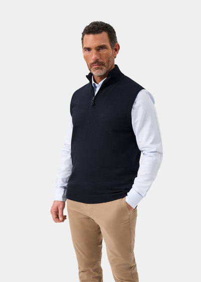 Men's Cotton Cashmere Quarter Zip Gilet in Navy