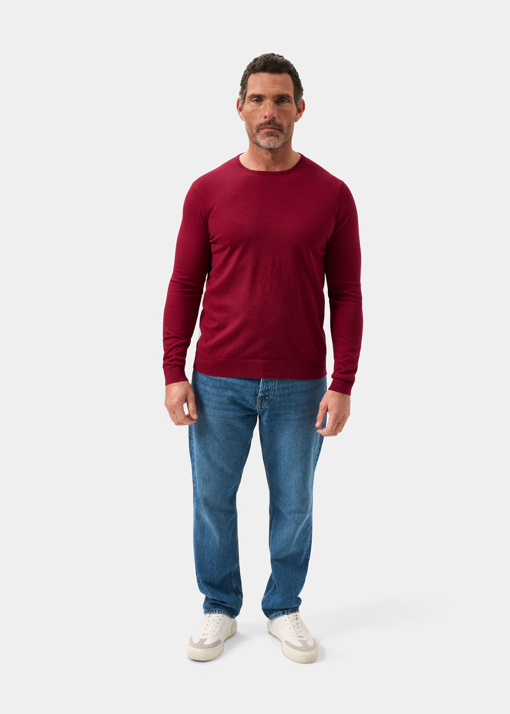 Men's Cotton Cashmere Crew Neck Jumper in Dark Red