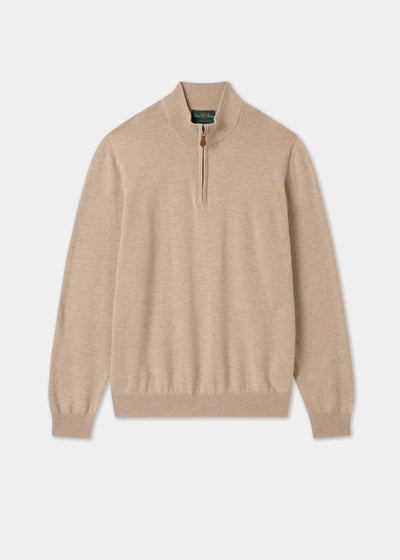 Mens Cotton Cashmere Quarter Zip Jumper in Beige