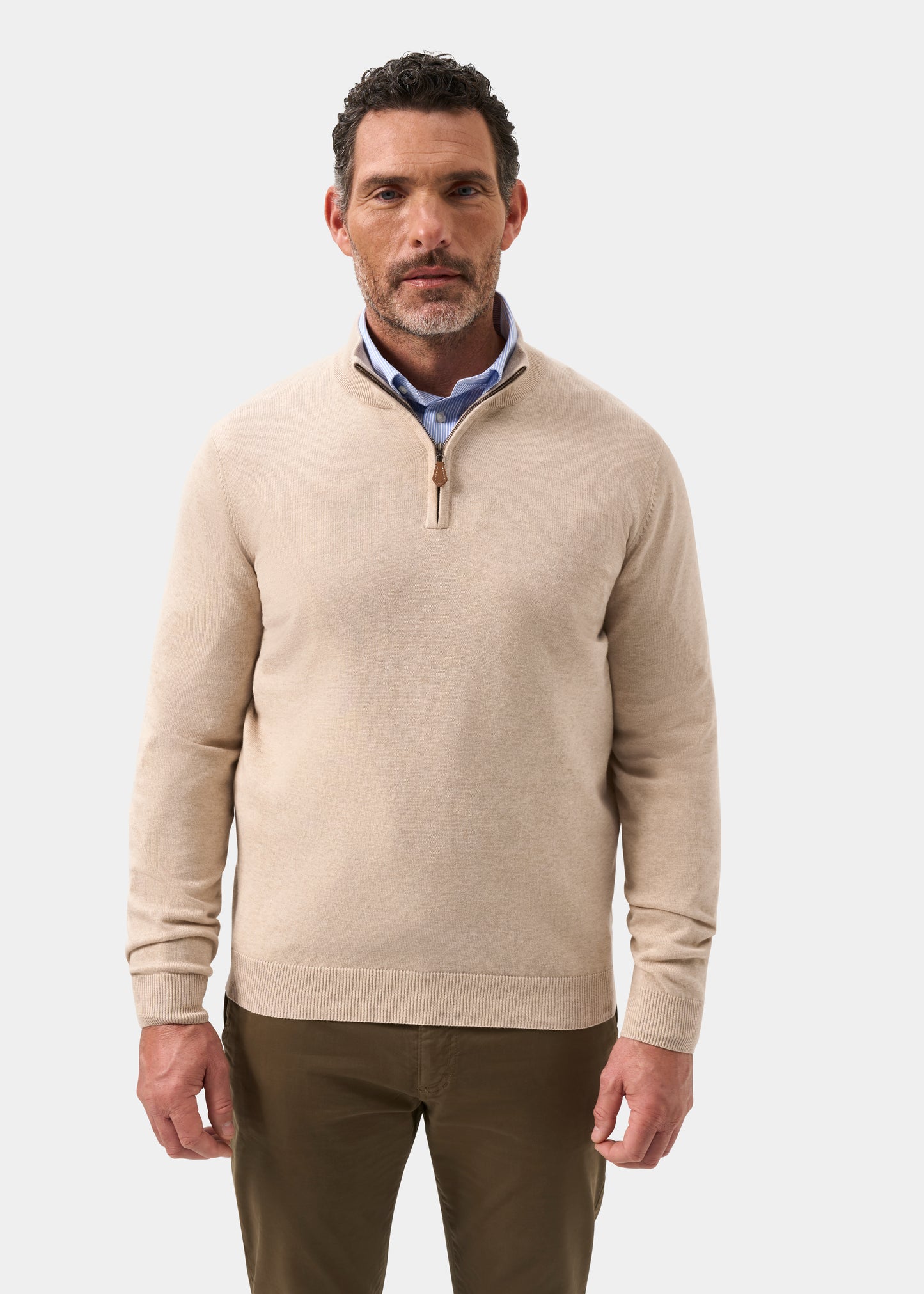 Mens Cotton Cashmere Quarter Zip Jumper in Beige